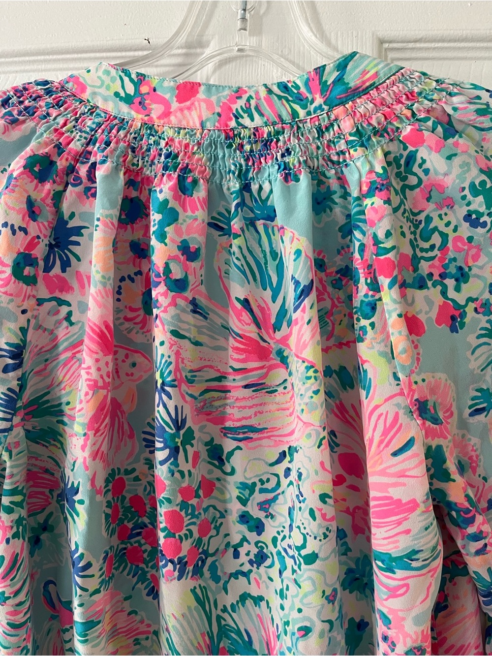 Lilly Pulitzer Pink & Aqua Floral Smocked Neck Blouse - Picture 11 of 11